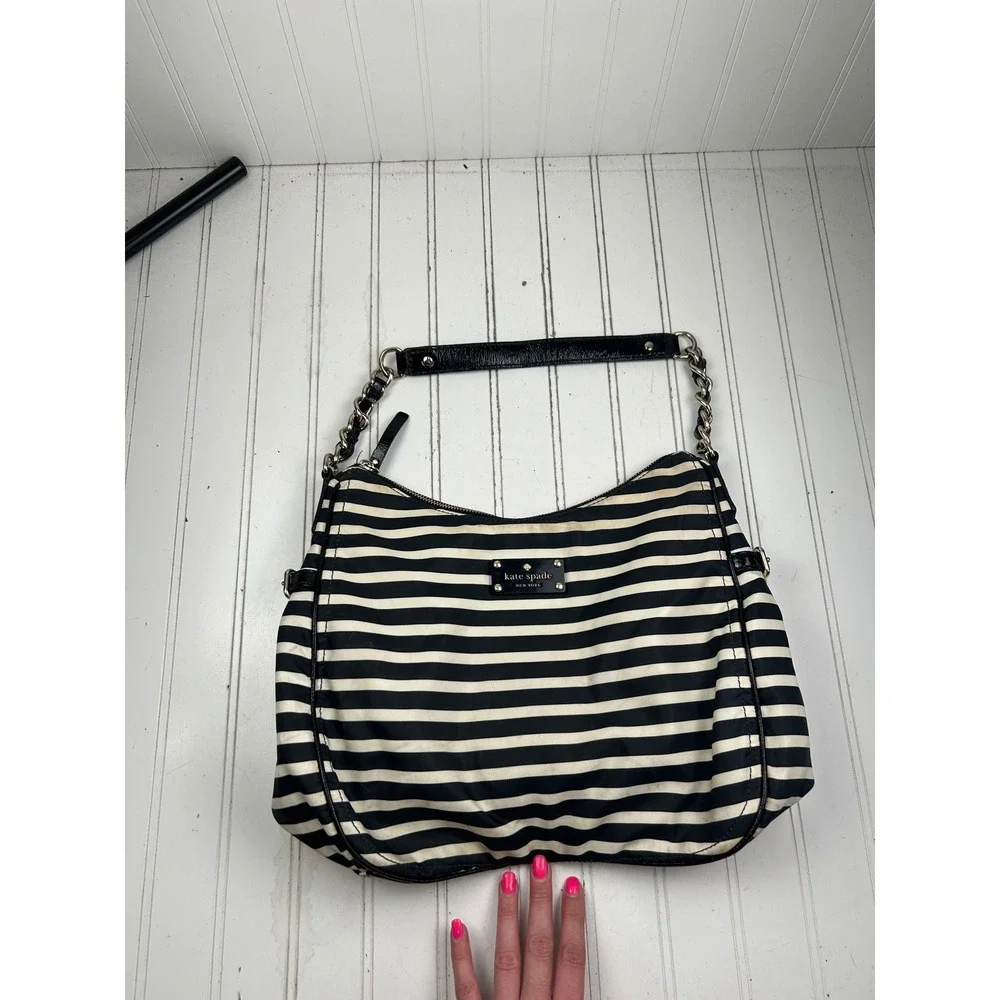 Kate Spade Vintage Y2K Black White Striped Nylon Shoulder Bag Chain Strap Purse